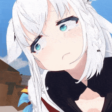 a girl with white hair and blue eyes has a tear in her eye