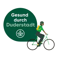a person riding a bike with the words gesund durch duderstadt on the bottom