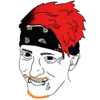 a drawing of a man with red hair wearing a bandana and sticking out his tongue