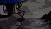 a cartoon character with a blue hat looks at the ocean