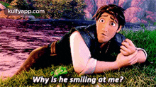 a cartoon character is laying on the grass and asking why is he smiling at me ?