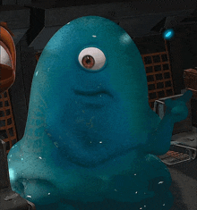 a blue cartoon character with a big eye is giving the middle finger