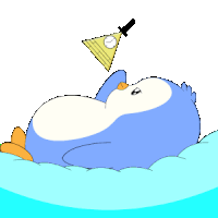 a cartoon penguin laying on a cloud with a clock on its head