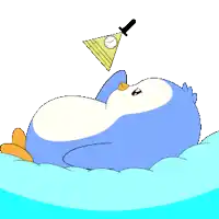 a cartoon penguin laying on a cloud with a clock on its head
