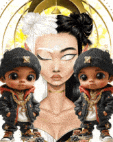 a cartoon drawing of a woman and two babies wearing beanies with the letter x on them