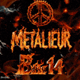 a peace sign with the word metallieur written in flames