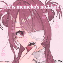 a drawing of a girl with an eye patch and the words rei is memeko 's no 1 fan