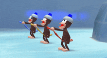 three cartoon monkeys wearing hats and goggles are pulling ropes