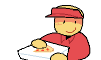 a pixel art of a man holding a stack of pizza boxes