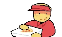 a pixel art of a man holding a stack of pizza boxes