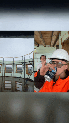 a man in a hard hat drinks from a can that says ' trader joes ' on it