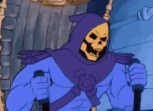skeletor from the masters of the universe is sitting in a chair holding a pair of knives .