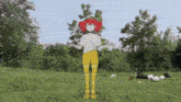 a girl with red hair is standing in a field