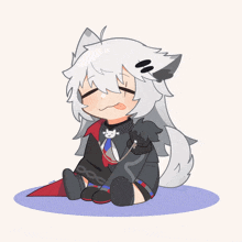 a drawing of a girl with gray hair and a cat on her chest