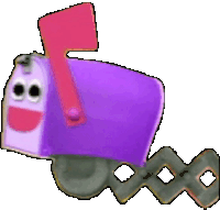 a purple mailbox with a red handle and a smiley face on it