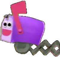 a purple mailbox with a red handle and a smiley face on it