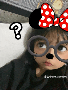 a little girl wearing a mickey mouse mask with a question mark above her head