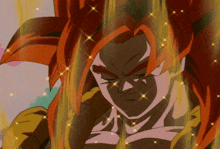 a close up of a cartoon character with red hair and gold sparkles