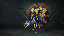 a video game advertisement for the x-men shows a character holding a spear