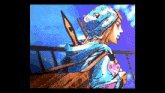 a cartoon drawing of a woman wearing a blue hat with stars on it