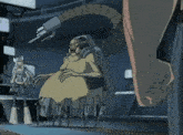 a cartoon drawing of a giant robot with a long tail