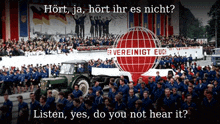 a group of people are gathered in front of a sign that says vereinigt euc