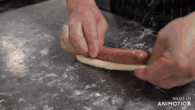 a person is making a hot dog out of dough with the words made in animatica visible