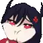 a pixel art drawing of a demon girl with horns and red eyes .