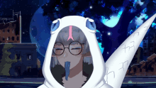 a drawing of a person with a hood and glasses