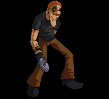 a cartoon drawing of a man with a mustache holding a saw