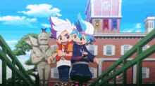 a couple of anime characters standing next to each other in front of a brick building