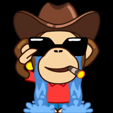 a cartoon of a monkey wearing a cowboy hat and sunglasses crying while smoking a cigar