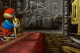 a cartoon character is standing on a red carpet in front of a spider web