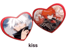 a heart shaped mirror with two pictures of anime characters and the word kiss underneath it