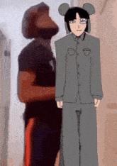 a drawing of a man wearing a mouse ear hat and a suit