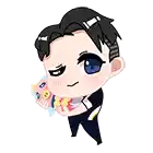 a cartoon of a man in a suit holding a fish and hearts .