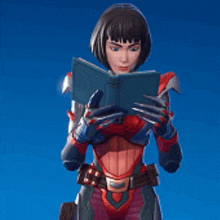 a woman in a superhero outfit is reading a book .