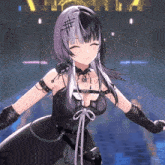 a girl in a black dress and gloves is smiling with her arms outstretched