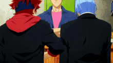 a man in a blue jacket is talking to two anime characters