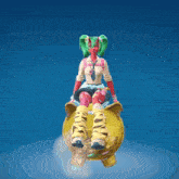 a girl is sitting on top of a piggy bank with money falling around her