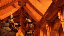 a couple of cartoon characters standing next to each other in a building