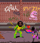 a pixel art of a man holding a sword with the words buy pork written on a brick wall