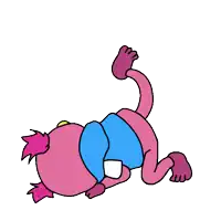 a pink cartoon character is doing a handstand on the floor .