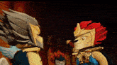 two cartoon characters are standing next to each other and one has a sword in his hand