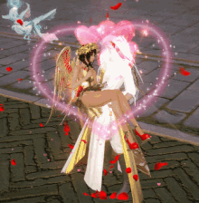 a man is holding a woman in his arms with a heart surrounding them