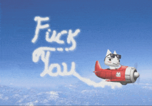 a cartoon cat is flying through the air with the words " fuck you " written in the clouds