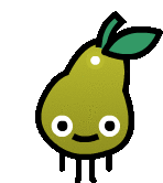 a cartoon drawing of a pear with a smiling face and a green leaf .