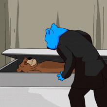 a cartoon of a bear in a coffin being held by a man in a suit