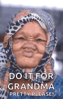 an old woman wearing a scarf on her head is making a funny face .