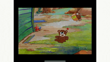 a screen shot of a cartoon with a teddy bear and a cup flying in the air .